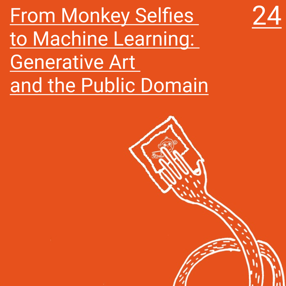 A banner image for episode 24, From Monkey Selfies to Machine Learning: Generative Art and the Public Domain. A drawing of a wiggly arm holding a snapshot of a monkey taking a photo of itself.
