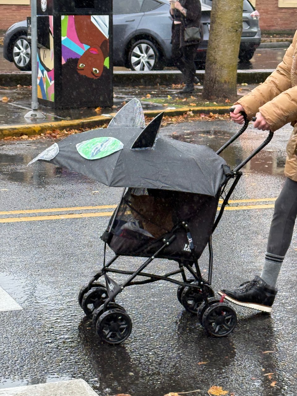 A person pushes a stroller with a cat-shaped umbrella over it. Inside the stroller is an orange cat