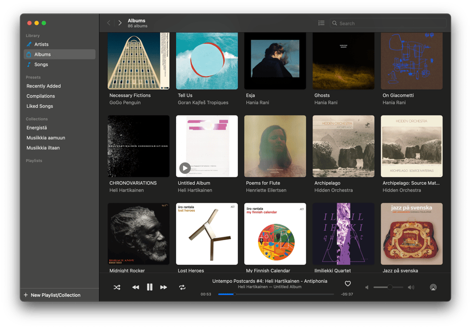 Screenshot of the album view of Doppler, showing the cover images in a grid for a number of albums.