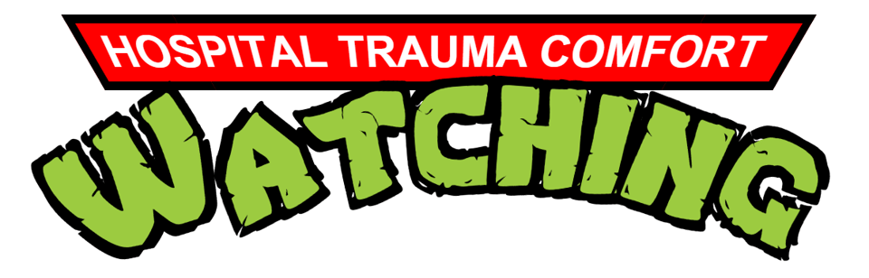 "Hospital Trauma Comfort Watching" in the Red and Green Teenage Mutant Ninja Turtles style. I struggled over whether to hyphenate either hospital-trauma or comfort-watching, but ultimately decided not to because who even has that kind of time???