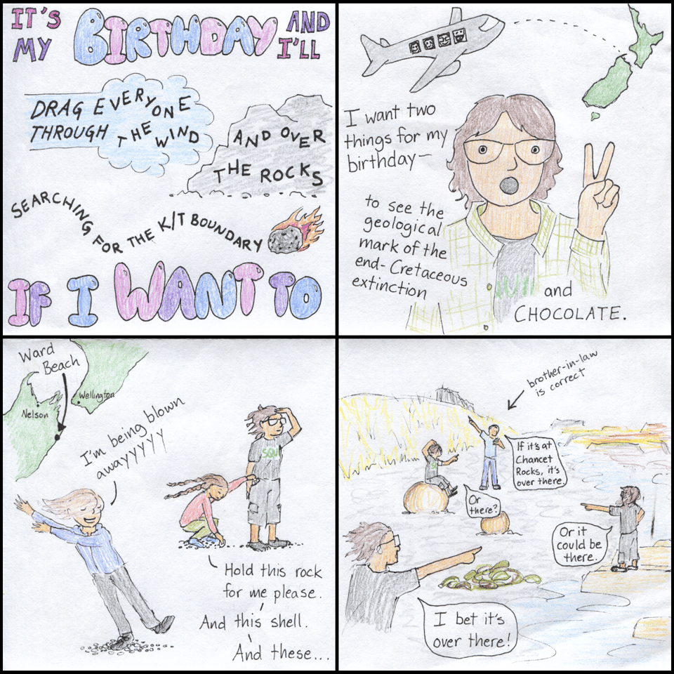 Four panels of a comic entitled "It's My Birthday and I'll Drag Everyone Through the Wind and Over the Rocks Searching for the K/T Boundary if I Want To." In which I want two thinks for my birthday--to see the geological mark of the end-Cretaceous extinction, and chocolate--and begin hunting for the former with my family in challenging conditions.