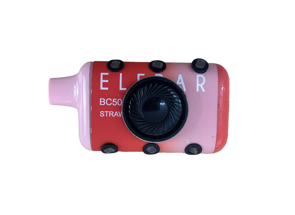 A photo of the vape synth. It is a red vape with the mouthpiece on the right side, and a small round speaker in the middle of the vape, and six small black sensors installed on the top and bottom part. You can see the model of the vape written on the vape -- it is the Elfbar BC5000 -- though the words, written in white, are slightly obscured by the speaker