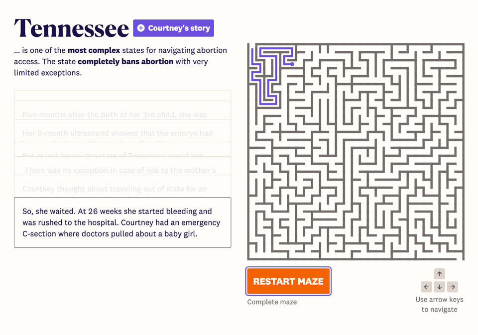 An example of Tennessee's maze with Courtney's story. The dense, complex maze is on the right and Courtney's story is told in steps on the left.