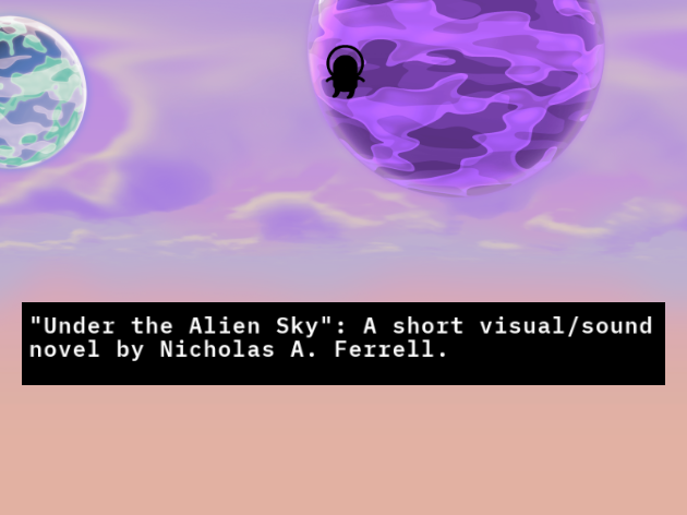 A purple and orange illustrated background with a green planet on left and purple planet on right. An alien appears to float over the purple planet. Text box beneath the image reads 
