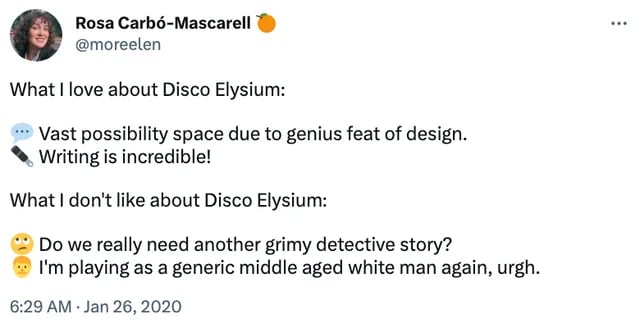 Tweet about not wanting dark detective games
