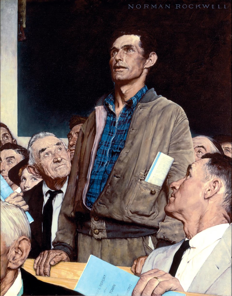 The Norman Rockwell painting "Freedom of Speech," which depicts a man in working clothes standing up at what appears to be some kind of town meeting. The other men present (and one kid of indeterminate gender) listen to him attentively.