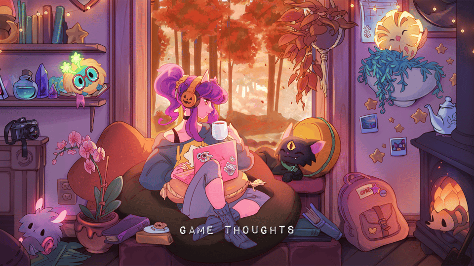 Promotional Halloween art from Spirit City Lofi Sessions shows a purple-haired, pale-haired figure in comfy clothes sitting in a large window and surrounded by various creatures with a laptop in her lap and a cup of coffee in her hand