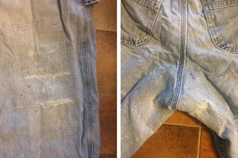 two images of jeans repair: one, a spiraling uqilted patch over the knee, overlaid over a larger patch; the other, an image of the butt of the jeans, showing extensively quilted inner thigh patches.