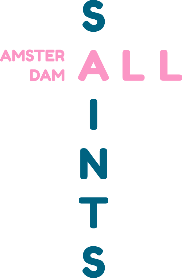 The All Saints Amsterdam logo is our name in black and pink letters in cross shape.