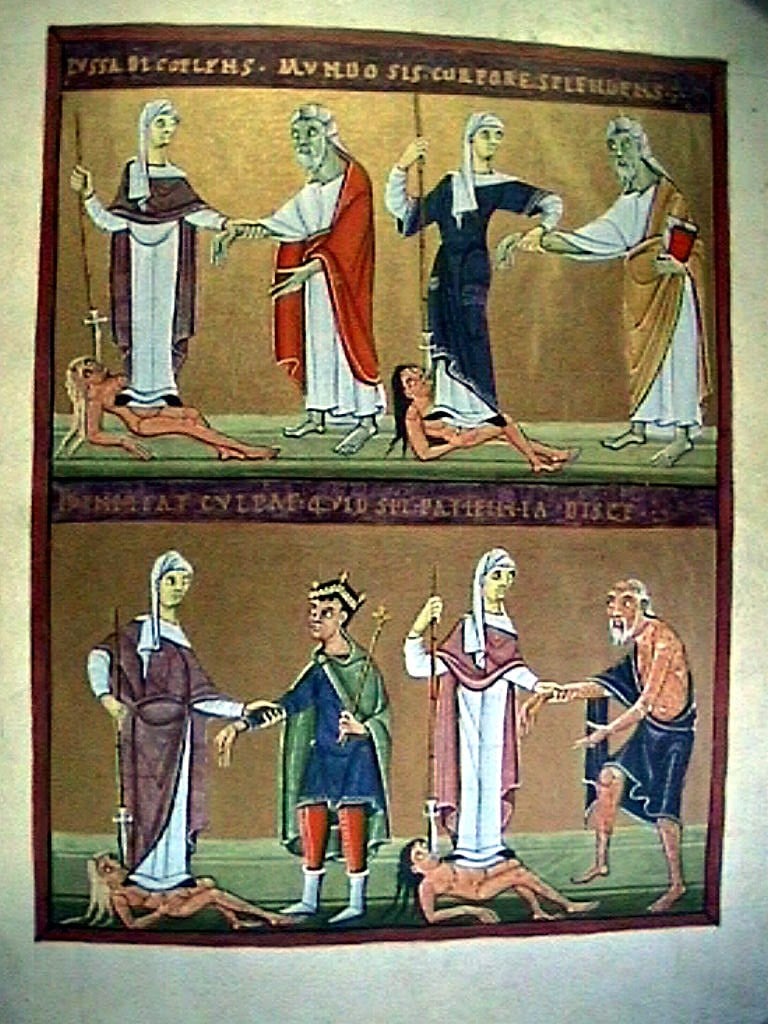 An illustration from a 10th century illuminated manuscript, showing various spear-wielding female personifications of virtue standing over vice, leading wise men, kings and beggers by the hand.