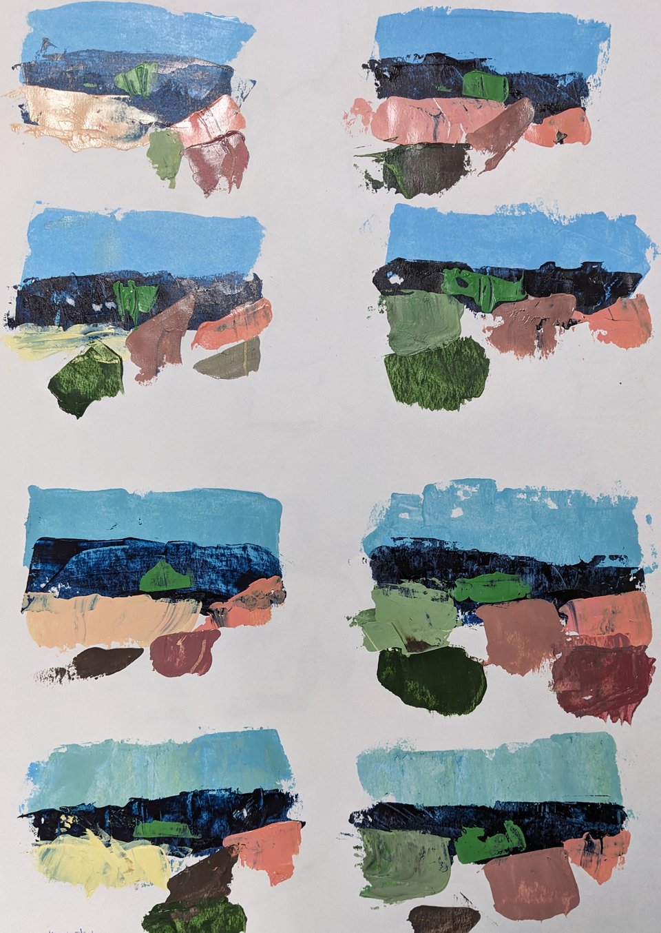 A page with eight mini paintings with different color splotches in each