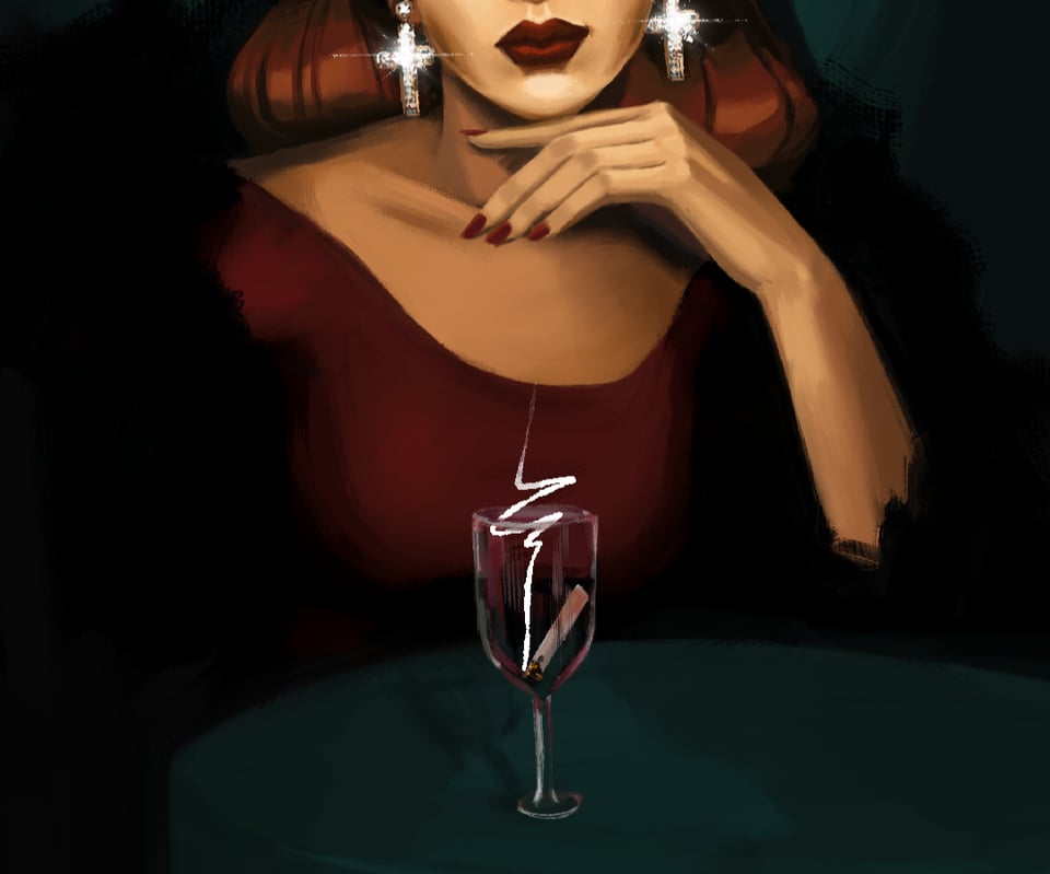 A painted image of a woman wearing diamond cross-shaped earrings posing over a wine glass containing a smoldering cigarette. Very noir.