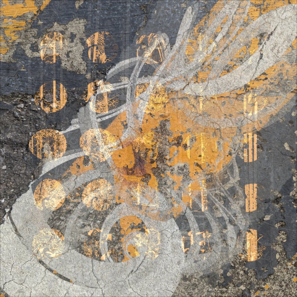 Abstract textured image with yellows, light and dark grays. There seems to be a grid of 5 x 5 rounded elements, and curved shapes with textures of asphalt and cracked cement.