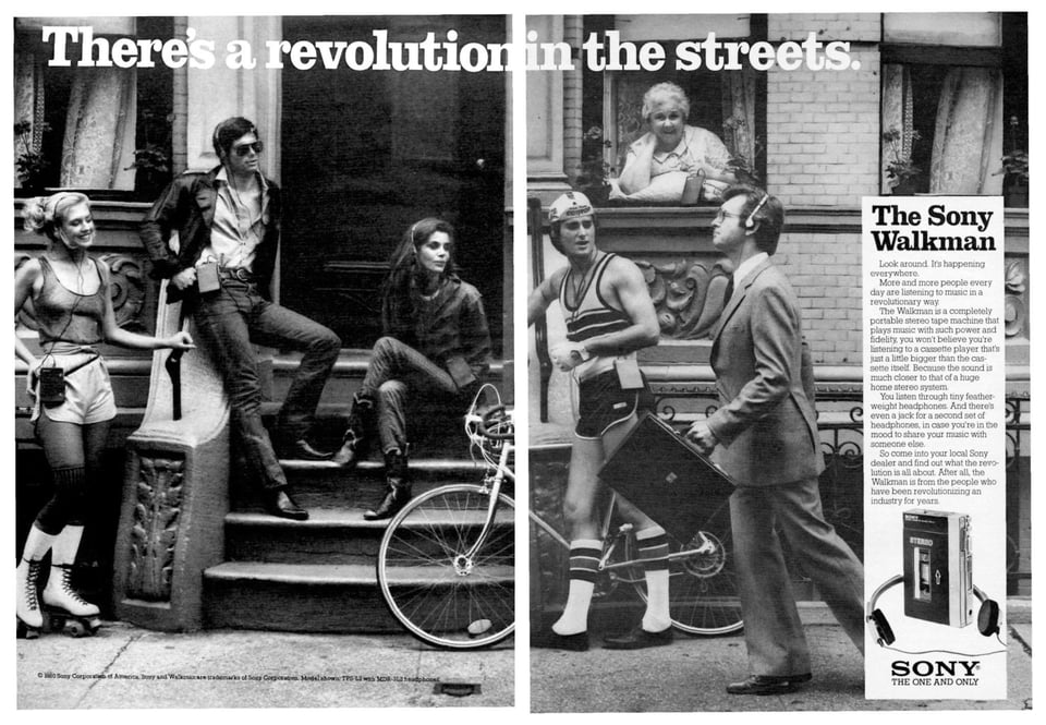 Sony Walkman ad from 1980, black and white, shows everyone staring at a banker.