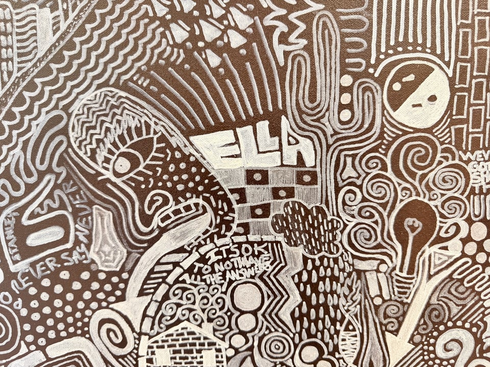 Detail of "Never A Dull Moment." featuring blocky text that says "ELLA" surrounded by a bunch of intricate and random illustrations in white oil ink on a dark brown background.