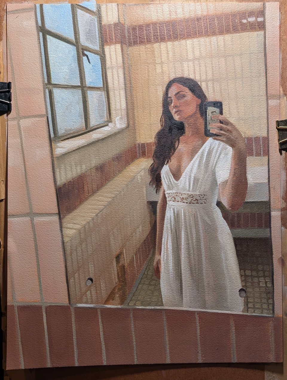 Painting of a woman in a tiled bathroom