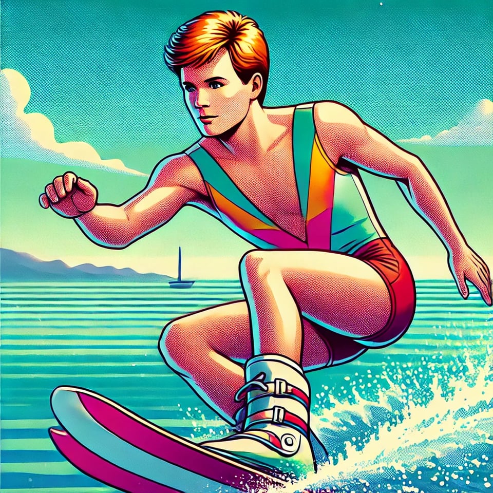 Cartoon image of a man (Tony) water skiing