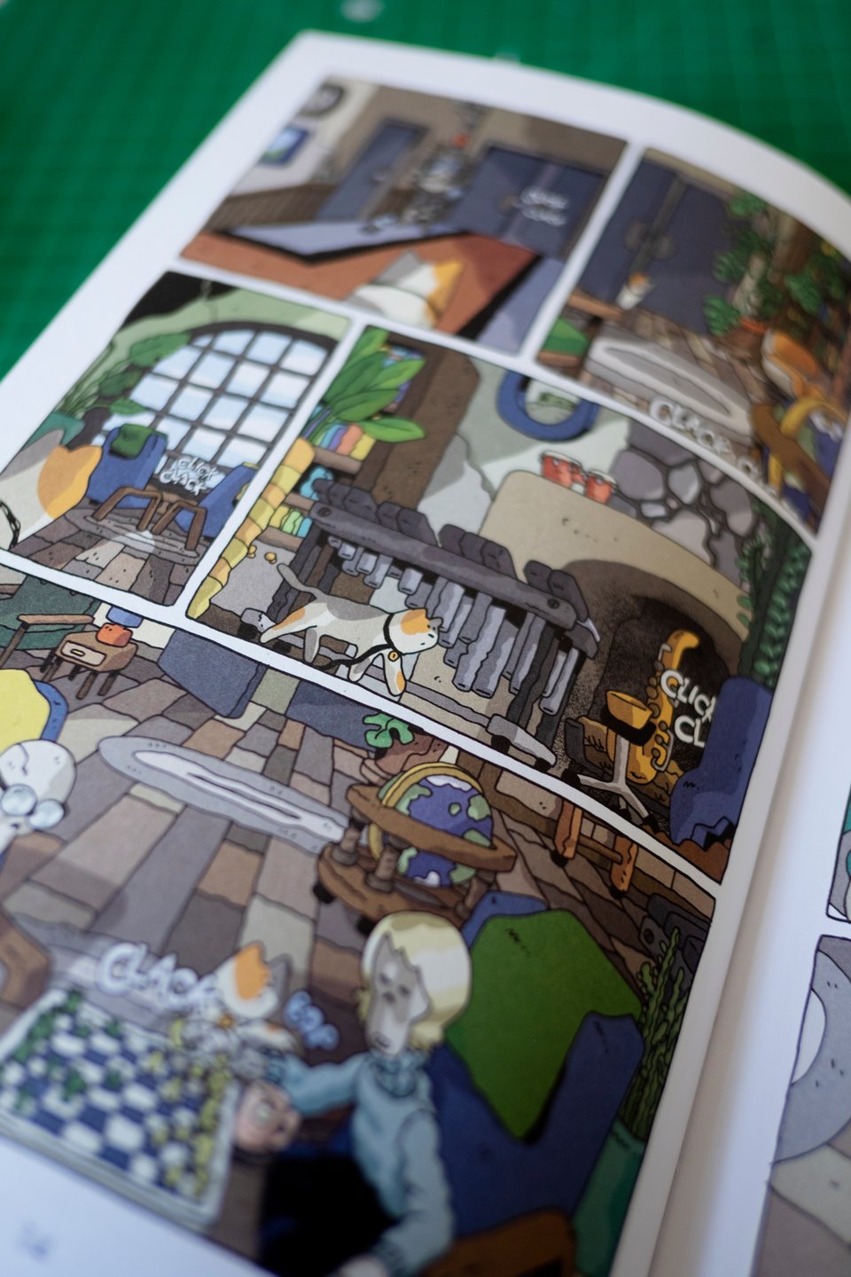 a cat walking around a living room full of instruments