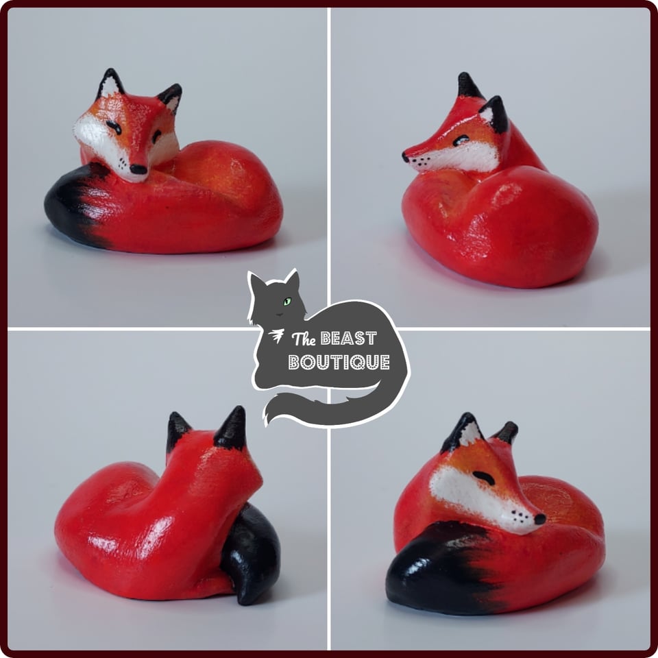 a collage showing a red fox figurine from four different angles