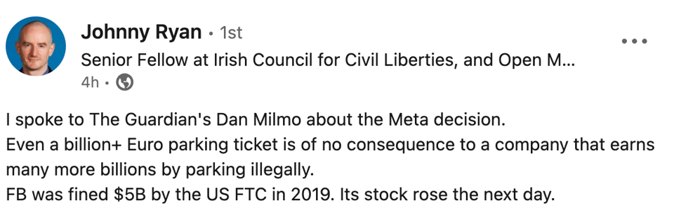 Screenshot of Johnny Ryans LinkedIn post about the recent Meta fine