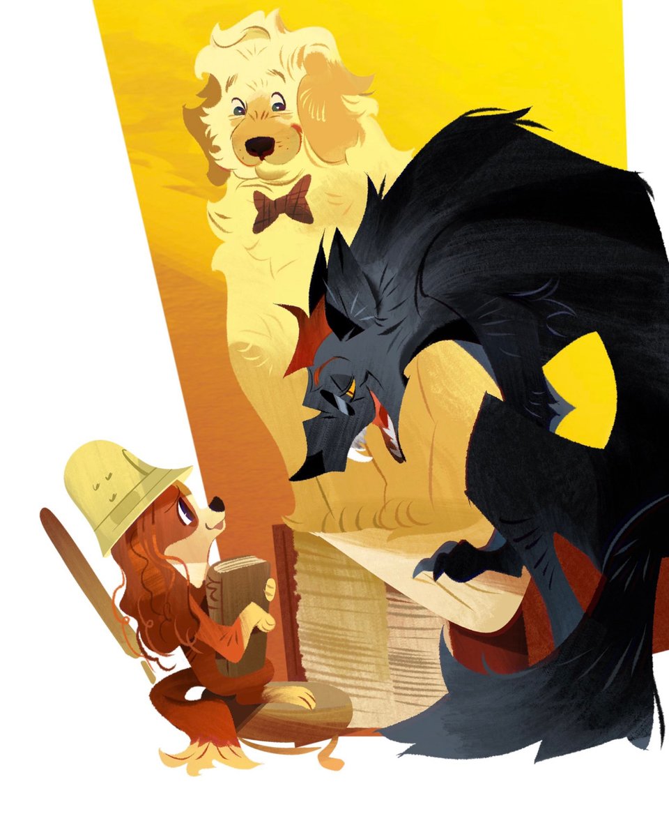 Fan art of the Good Omens crew as dogs.