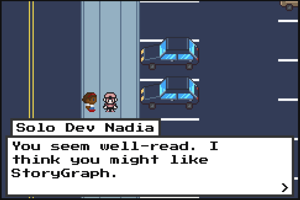 Second pixel-art game screenshot featuring “Solo Dev Nadia” with dialogue reading: “You seem well-read. I think you might like StoryGraph.”
