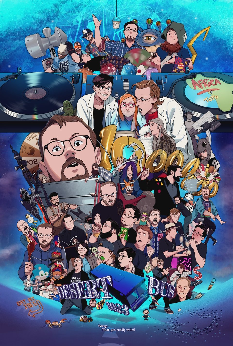 The poster I made for Desert Bus 2023, a collage of events that happened during the week long marathon.