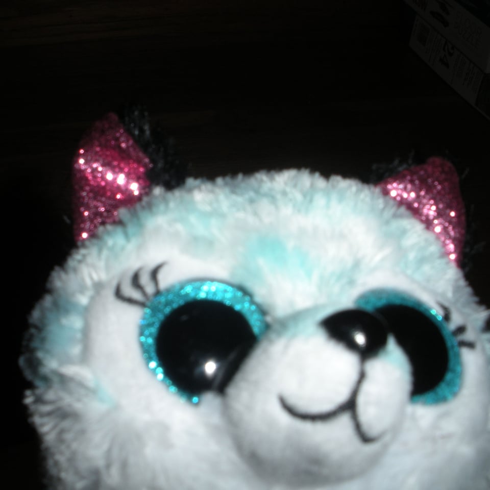 A glittery blue, white and pink stuffy against a black background. Photo by my kid.