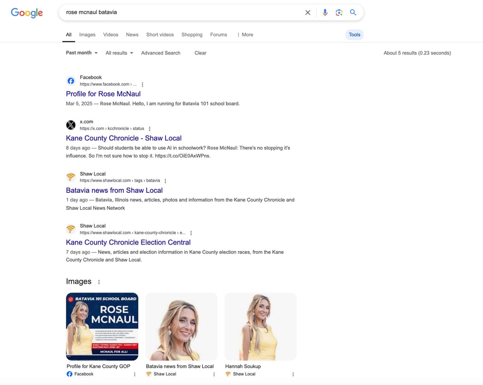Google search for Rose McNaul Batavia, limited to results from the last month.