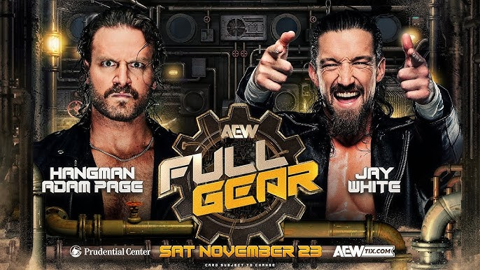 Promotional art for Hangman Adam Page vs. Jay White at the Full Gear 2024 PPV.