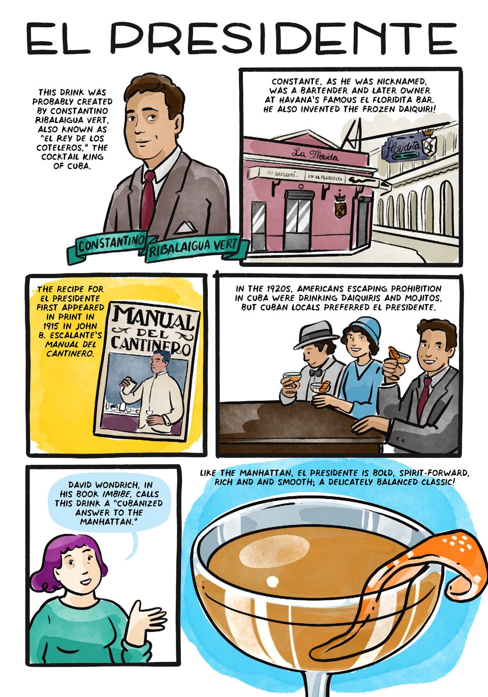 The Presidente was probably created by Constantino Ribalaigua, also known as "El Rey de los Coteleros," The Cocktail King of Cuba.
Constante, as he was nicknamed, was a bartender and later owner at Havana’s famous el Floridita bar. He also invented the frozen daiquiri!
The recipe for El Presidente first appeared in print in 1915 in John B. Escalante’s Manual del Cantinero.
In the 1920s, Americans escaping Prohibition in Cuba were drinking Daiquiris and Mojitos, but Cuban locals preferred el presidente.
David Wondrich, in his book Imbibe, calls this drink a “Cubanized answer to the Manhattan.”
Like the Manhattan, el presidente is bold, spirit-forward, and smooth; a delicately balanced classic!