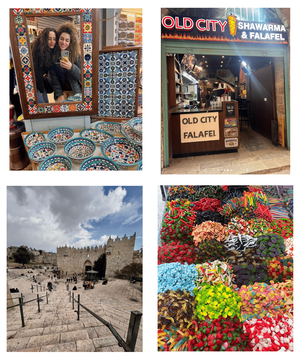 four images from Jerusalem, from top left: two young women posing in front of a mirror with pottery; teh front of an Old City felafel and shawarma shop:  an image of Damascus gate ; a colorful display of candy