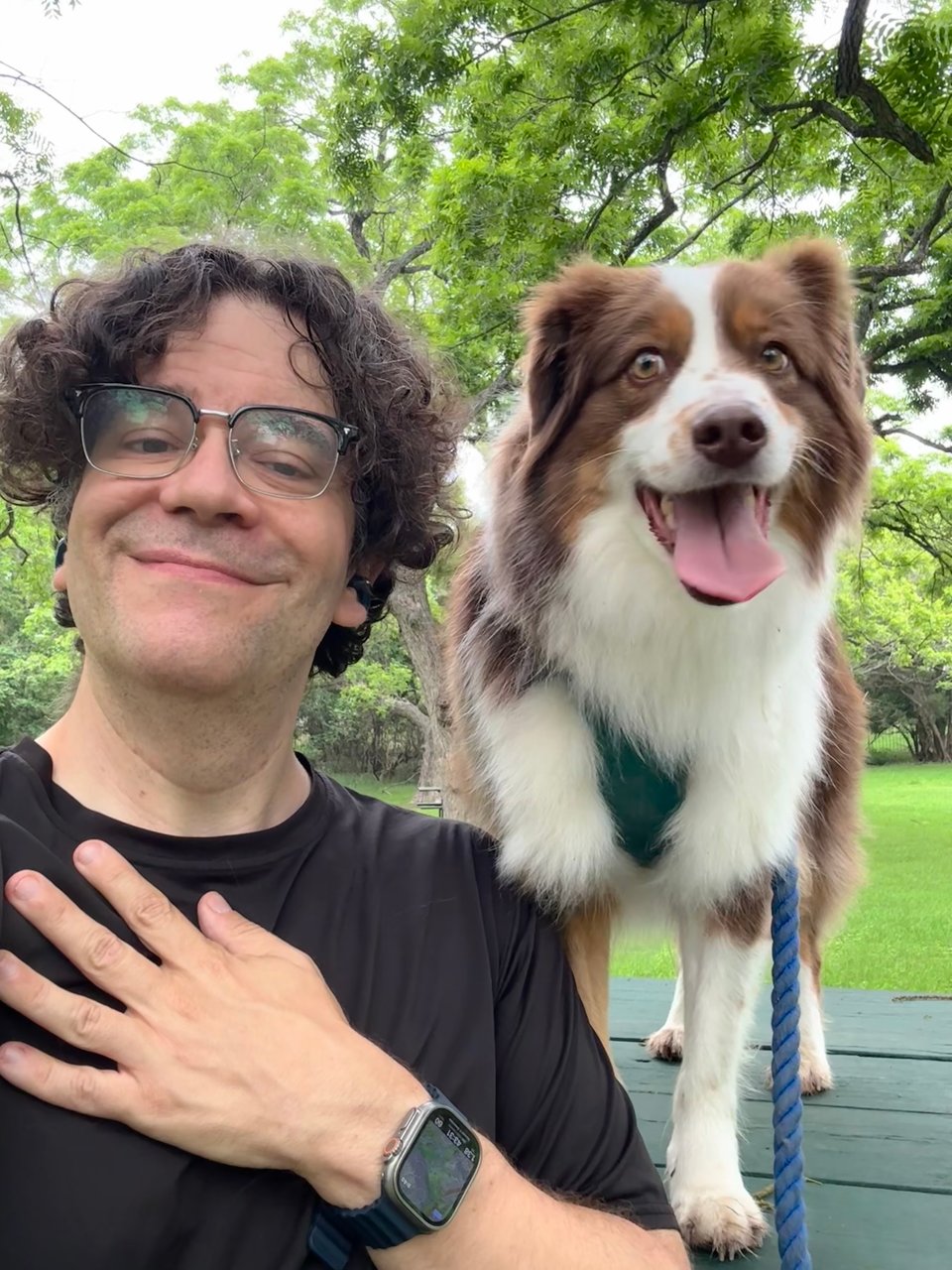 Roy and Flip at the park, looking at the camera.