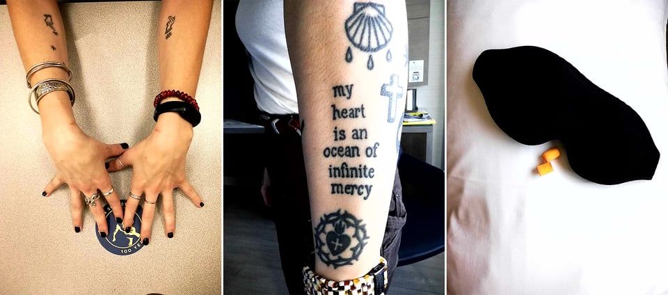 3 digital Instax photos: left, a woman's hands and forearms with bracelets, rings and black nail polish, touching a Simon & Schuster 100 Years coaster; center, a woman's arm with multiple tattoos, including one reading, "my heart is an ocean of infinite mercy"; right, a black sleep mask & two orange earplugs lying on a white pillowcase