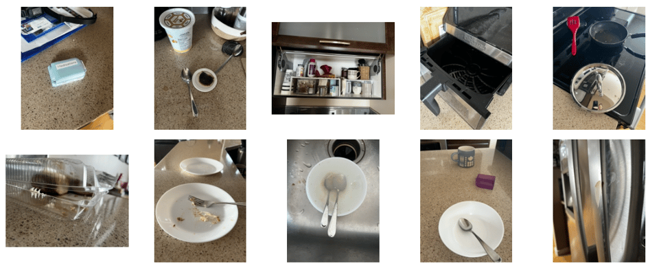 10 photos from a photo library of various elements of a kitchen with dishes and uncleaned pans on display.