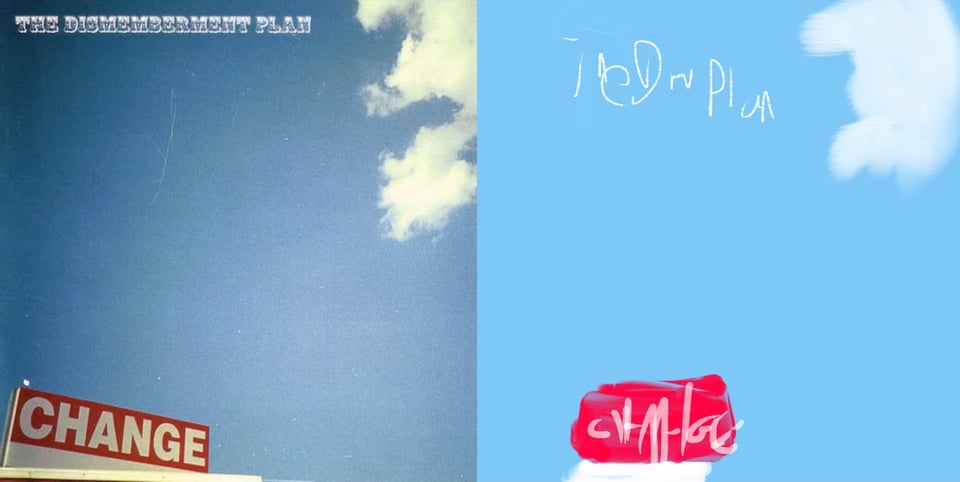 A color photograph of the blue sky. In the upper right, a white cloud is creeping in. In the lower left, we see a sign that reads CHANGE that is presumably on the top of an unseen building.