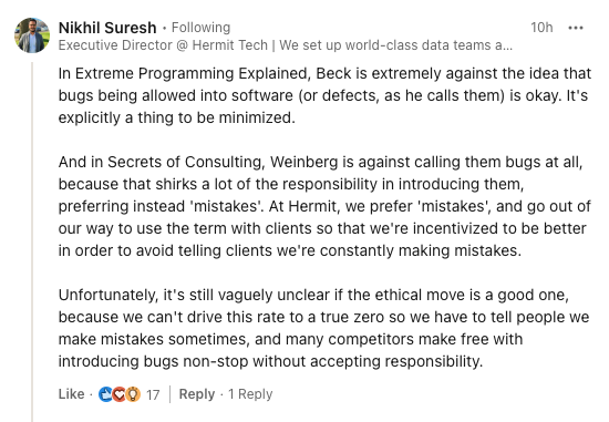 Screenshot of a LinkedIn comment by Nikhil Suresh, Executive Director @ Hermit Tech. The text reads,