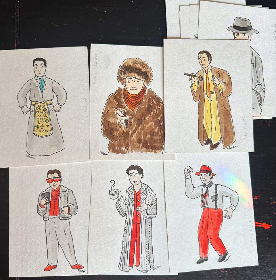 a stack of small watercolor paintings depicting Al from Quantum Leap in various flamboyant outfits