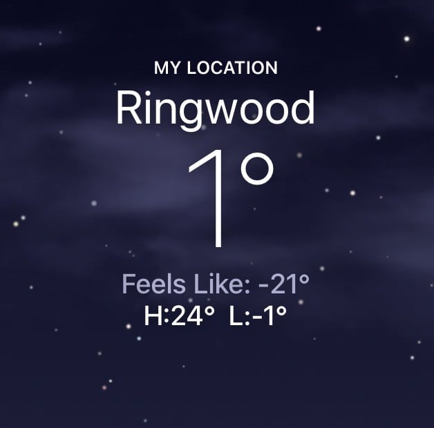 screen cap of a weather app, showing that the temperature in Ringwood, NJ is 1°F, and feels like -21°.