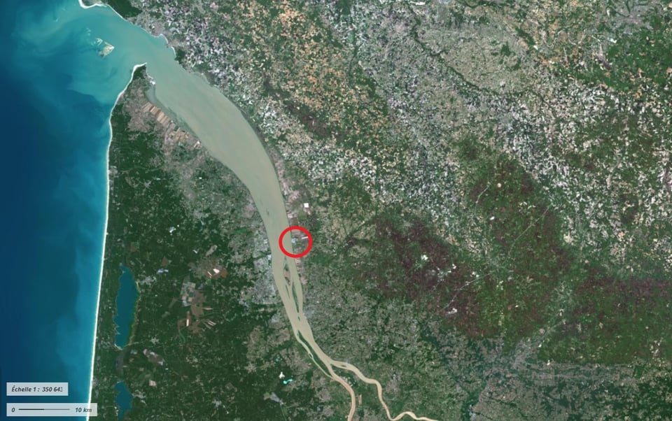 Localisation de la centrale nucléaire du Blayais, au bord de l'estuaire de la Gironde.