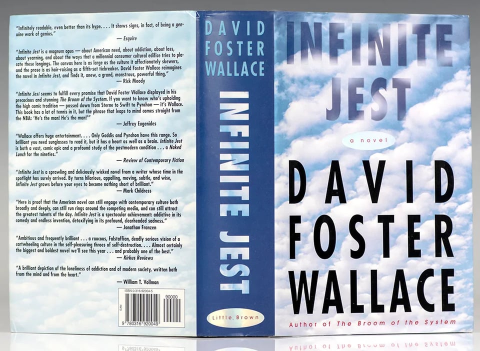 The original cover of Infinite Jest, with plenty of signifiers of literary fanciness, including quotes from many of the biggest lit authors of the time.
