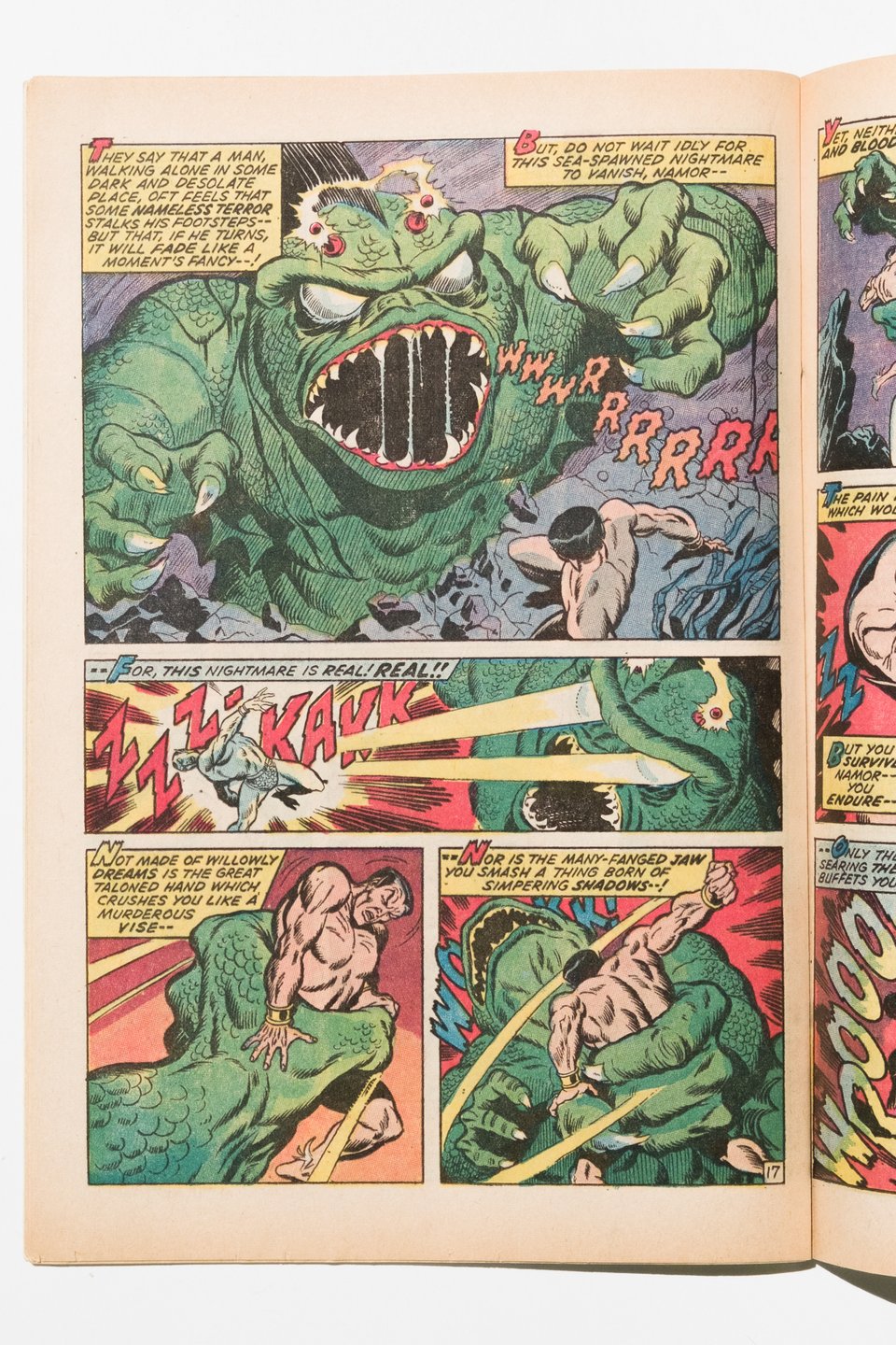 A page from Sub-Mariner. Some green deep sea monster has grabbed Namor