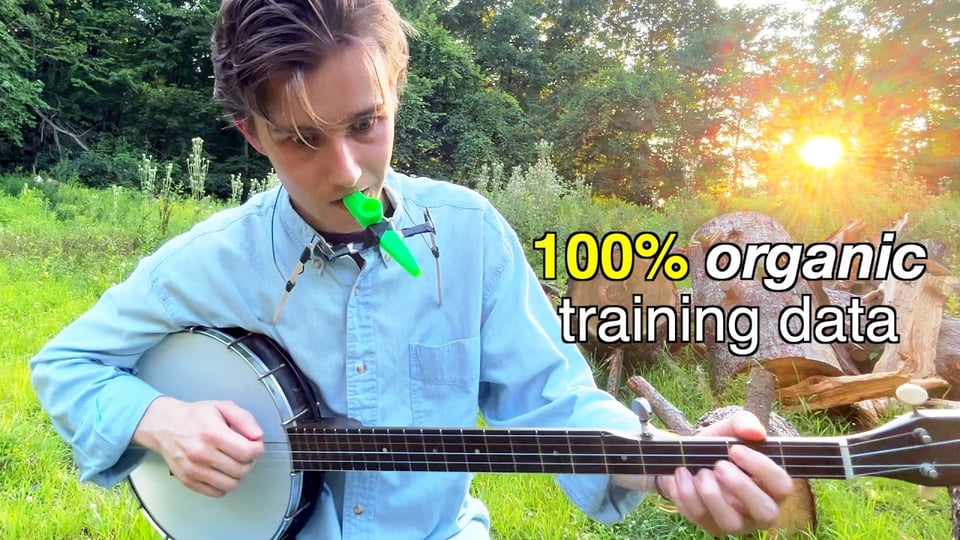 A goofy picture of songwriter Luke Nickle playing a banjo in a field with his mouth on a bright green kazoo. The caption next to him says, "100% organic training data."