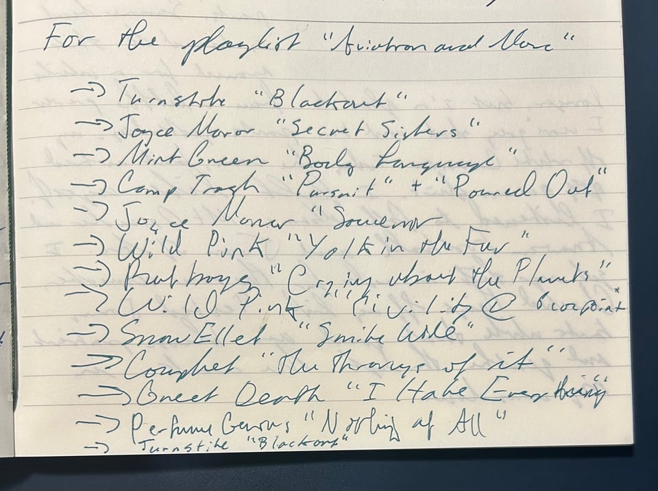 Handwritten list of Jordy's playlist contributions
