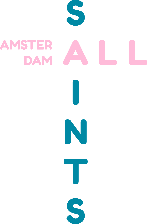 The logo of All Saints Amsterdam is our name in black and pink sans serrif letters written cruciform