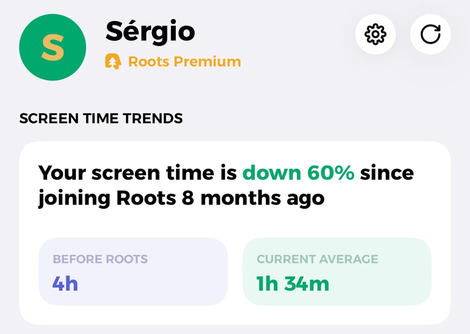 Print do Roots mostrando queda de 60% do meu uso de tela em 8 meses