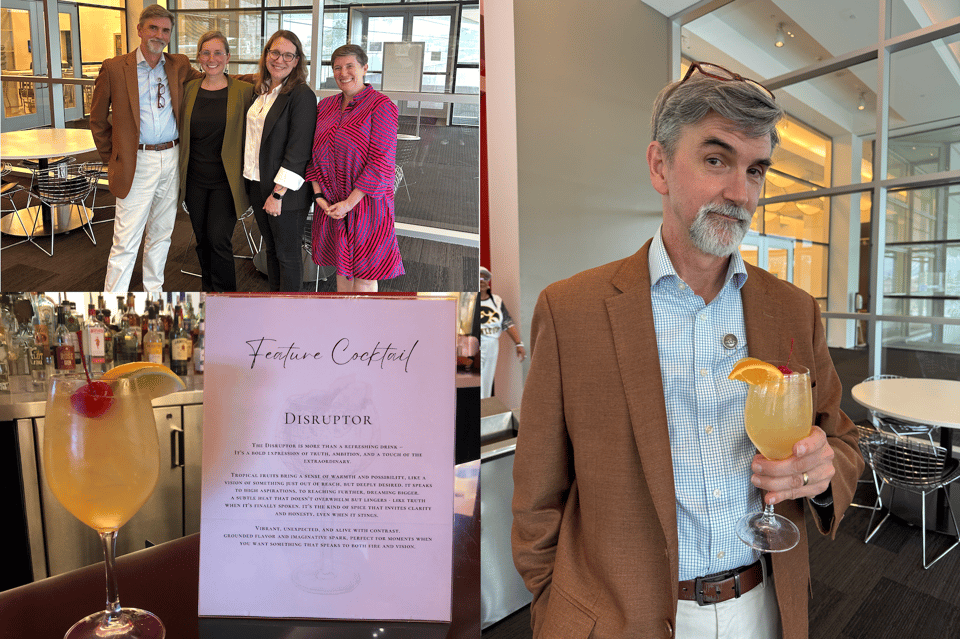 A photo montage: Clockwise fr top L: four people standing in a row, smiling,; and smiling, holding a drink in one hand; a drink sitting on a bar next to a written card describing it.
