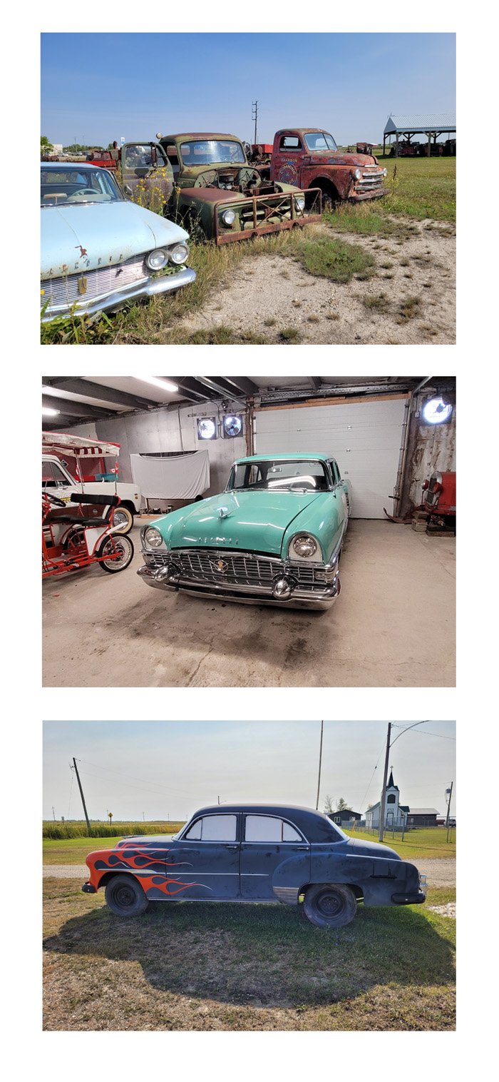 A series of photos of old cars and farm trucks