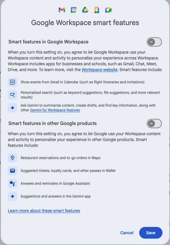 “Google Workspace smart features” pop up showing two toggles for “Smart features in Google Workspace” and “Smart features in other products”. Each toggle is grey and has an x over the circle, indicating the features are set to off.