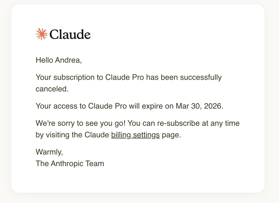 A screenshot of an email from Claude AI, confirming that Andrea's Claude Pro subscription has successfully been canceled.